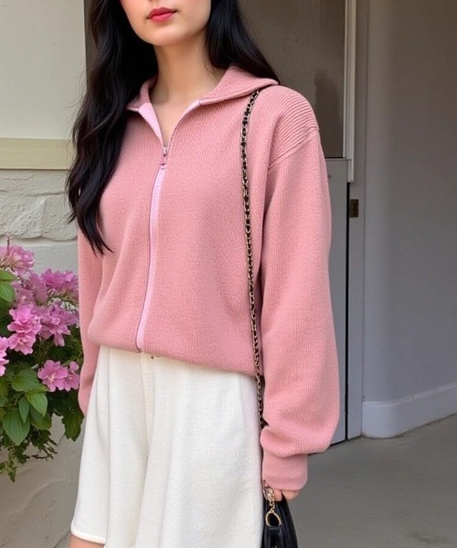 cammie(キャミー)の「フロントジップニット(ニット/セーター・レディース・ピンク/ブラック/アイボリー/グレー・F)」の4枚目の写真