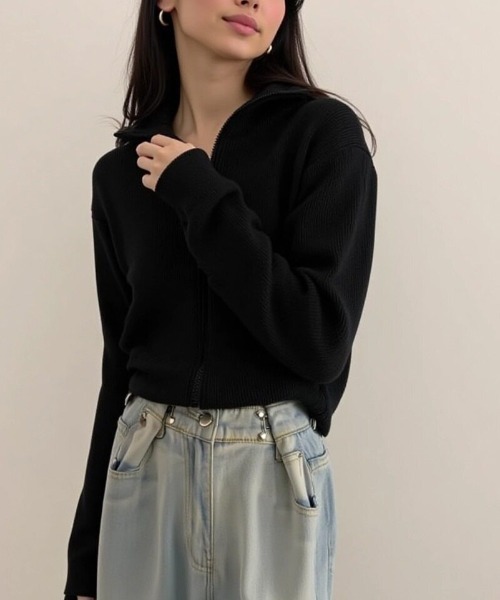 cammie(キャミー)の「フロントジップニット(ニット/セーター・レディース・ピンク/ブラック/アイボリー/グレー・F)」の9枚目の写真