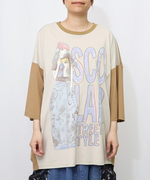 ScoLar（スカラー）の「ScoLar(スカラー) スカラースタイリング 女の子柄プルオーバー BIG Tシャツ（Tシャツ/カットソー・レディース・ブラウン/オフホワイト・MEDIUM）」の2枚目の写真