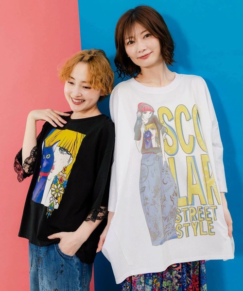 ScoLar（スカラー）の「ScoLar(スカラー) スカラースタイリング 女の子柄プルオーバー BIG Tシャツ（Tシャツ/カットソー・レディース・ブラウン/オフホワイト・MEDIUM）」の4枚目の写真