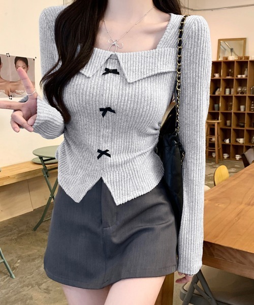 Miniministore（ミニミニストア）の「【26秋冬】リボンニットトップス スクエアネック秋服（Tシャツ/カットソー・レディース・ブラック/グレイッシュベージュ/グレー・FREE）」の21枚目の写真