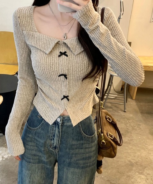 Miniministore（ミニミニストア）の「【26秋冬】リボンニットトップス スクエアネック秋服（Tシャツ/カットソー・レディース・ブラック/グレイッシュベージュ/グレー・FREE）」の22枚目の写真