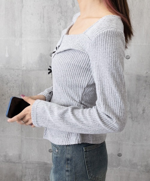 Miniministore（ミニミニストア）の「【26秋冬】リボンニットトップス スクエアネック秋服（Tシャツ/カットソー・レディース・ブラック/グレイッシュベージュ/グレー・FREE）」の18枚目の写真