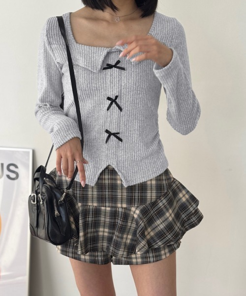 Miniministore（ミニミニストア）の「【26秋冬】リボンニットトップス スクエアネック秋服（Tシャツ/カットソー・レディース・ブラック/グレイッシュベージュ/グレー・FREE）」の5枚目の写真