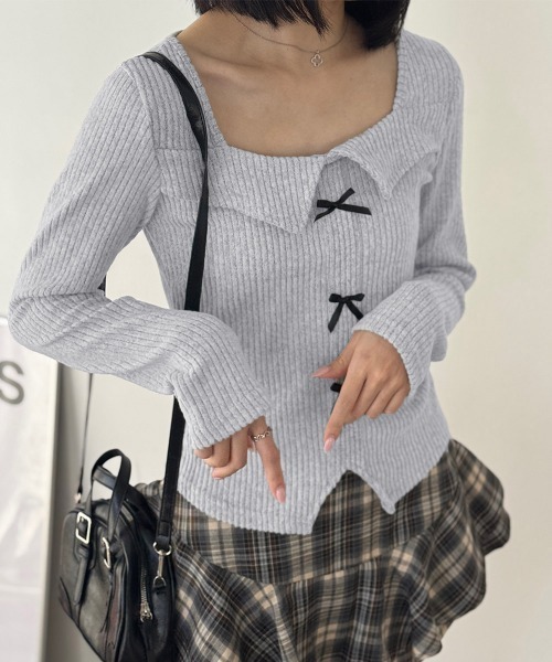 Miniministore（ミニミニストア）の「【26秋冬】リボンニットトップス スクエアネック秋服（Tシャツ/カットソー・レディース・ブラック/グレイッシュベージュ/グレー・FREE）」の6枚目の写真