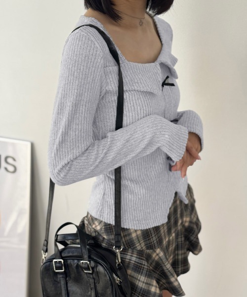 Miniministore（ミニミニストア）の「【26秋冬】リボンニットトップス スクエアネック秋服（Tシャツ/カットソー・レディース・ブラック/グレイッシュベージュ/グレー・FREE）」の7枚目の写真