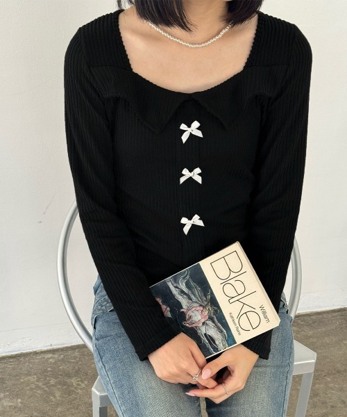 Miniministore（ミニミニストア）の「【26秋冬】リボンニットトップス スクエアネック秋服（Tシャツ/カットソー・レディース・ブラック/グレイッシュベージュ/グレー・FREE）」の8枚目の写真