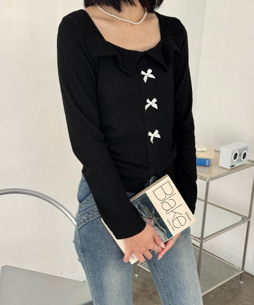 Miniministore（ミニミニストア）の「【26秋冬】リボンニットトップス スクエアネック秋服（Tシャツ/カットソー・レディース・ブラック/グレイッシュベージュ/グレー・FREE）」の10枚目の写真
