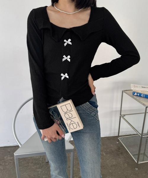 Miniministore（ミニミニストア）の「【26秋冬】リボンニットトップス スクエアネック秋服（Tシャツ/カットソー・レディース・ブラック/グレイッシュベージュ/グレー・FREE）」の11枚目の写真