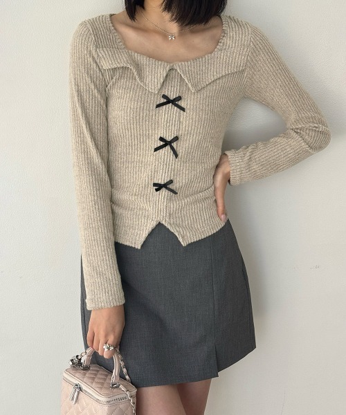 Miniministore（ミニミニストア）の「【26秋冬】リボンニットトップス スクエアネック秋服（Tシャツ/カットソー・レディース・ブラック/グレイッシュベージュ/グレー・FREE）」の13枚目の写真