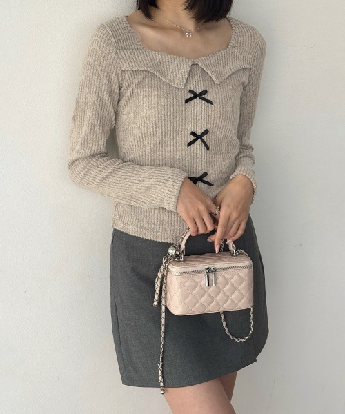 Miniministore（ミニミニストア）の「【26秋冬】リボンニットトップス スクエアネック秋服（Tシャツ/カットソー・レディース・ブラック/グレイッシュベージュ/グレー・FREE）」の14枚目の写真