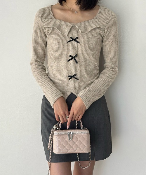 Miniministore（ミニミニストア）の「【26秋冬】リボンニットトップス スクエアネック秋服（Tシャツ/カットソー・レディース・ブラック/グレイッシュベージュ/グレー・FREE）」の15枚目の写真