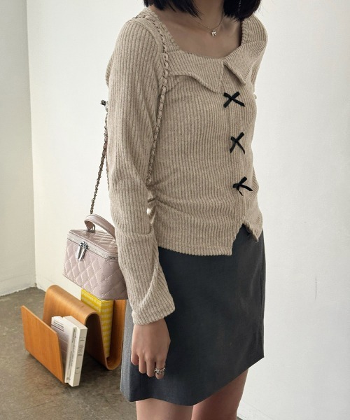 Miniministore（ミニミニストア）の「【26秋冬】リボンニットトップス スクエアネック秋服（Tシャツ/カットソー・レディース・ブラック/グレイッシュベージュ/グレー・FREE）」の16枚目の写真