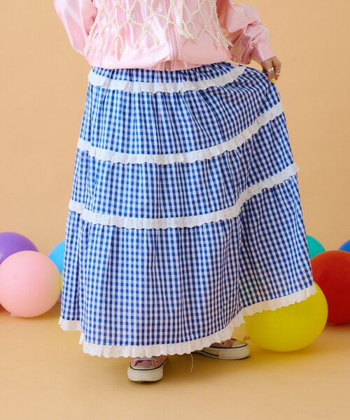 【希少】ワンダフルワールド☆かご盛りミモザ×ギンガムチェックパッチワークスカート セール】 ブロックギンガムチェックパッチワークスカート （ロング