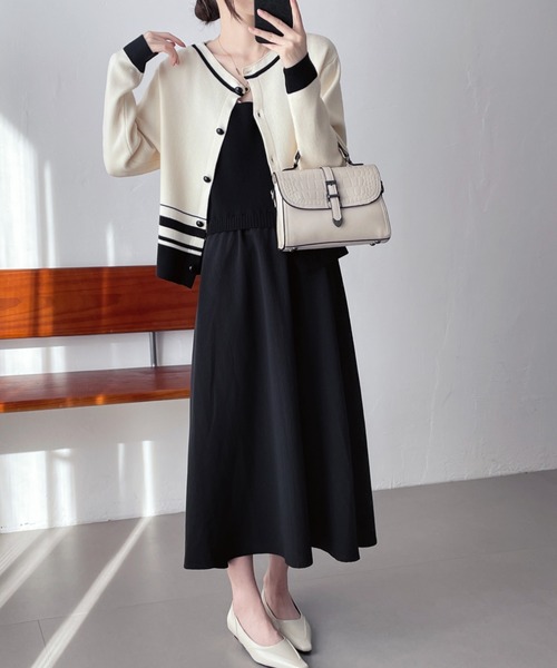 セール】バイカラーニットカーディガン＆ノースーリブワンピース2点