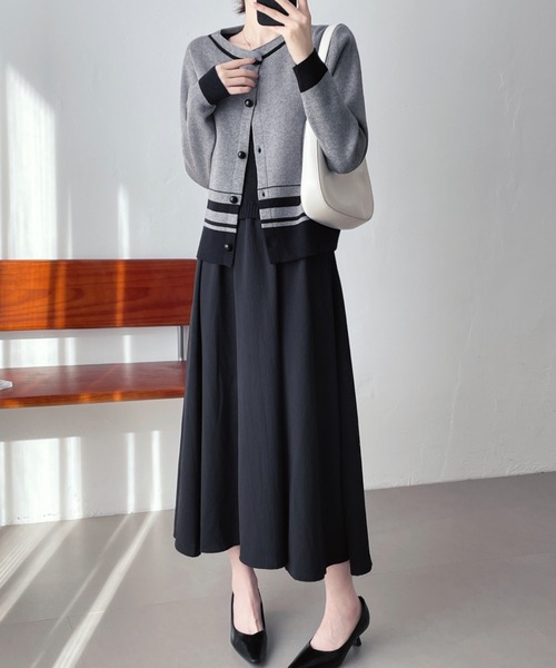 セール】バイカラーニットカーディガン＆ノースーリブワンピース2点