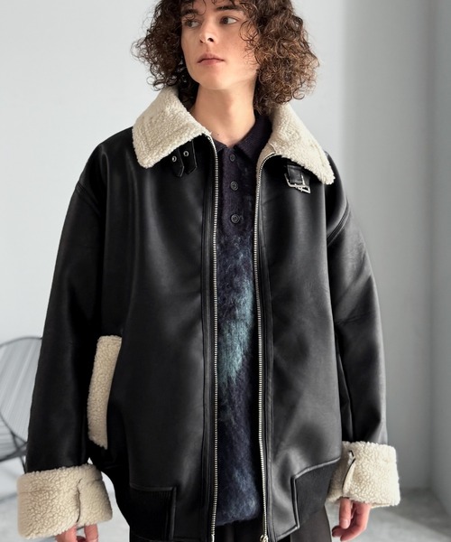 セール】2way襟ボア切り替えフェイクレザームートンジャケット／2way