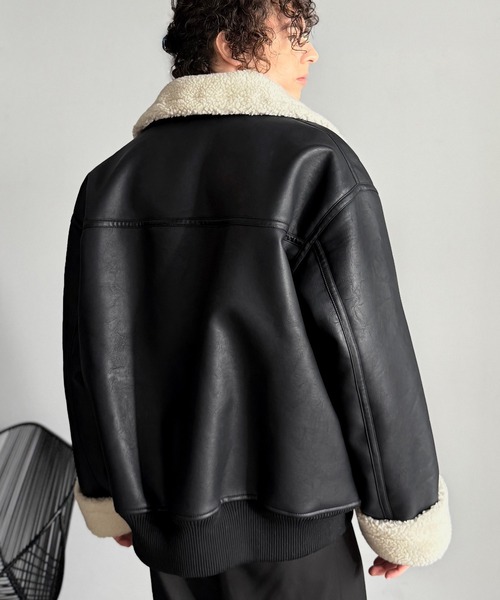 セール】2way襟ボア切り替えフェイクレザームートンジャケット／2way