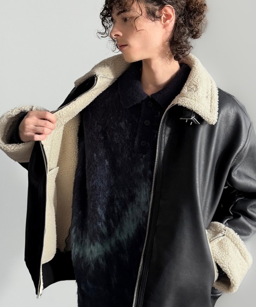 セール】2way襟ボア切り替えフェイクレザームートンジャケット／2way