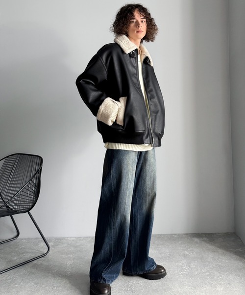 セール】2way襟ボア切り替えフェイクレザームートンジャケット／2way