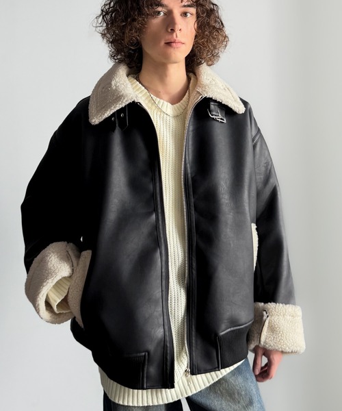 【Special】イグニシアレザー ムートン N-2B 短丈 USA製 ブラック セール】2way襟ボア切り替えフェイクレザームートンジャケット／2way
