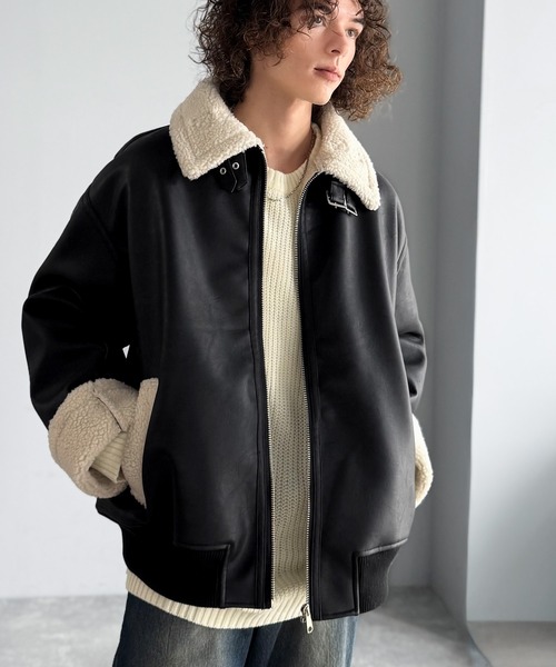 新品タグ付　TOO SHOKAI 小羊毛皮ムートンコート　レザーコートXL 黒 セール】2way襟ボア切り替えフェイクレザームートンジャケット／2way