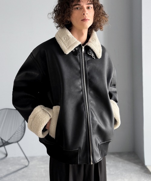 セール】2way襟ボア切り替えフェイクレザームートンジャケット／2way