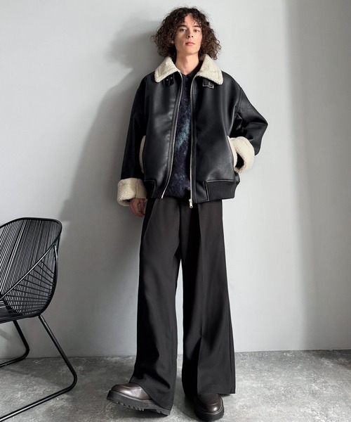 セール】2way襟ボア切り替えフェイクレザームートンジャケット／2way