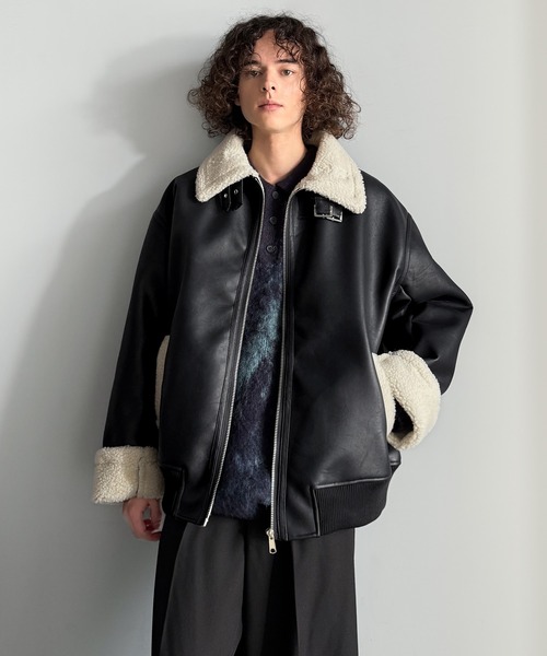 セール】2way襟ボア切り替えフェイクレザームートンジャケット／2way