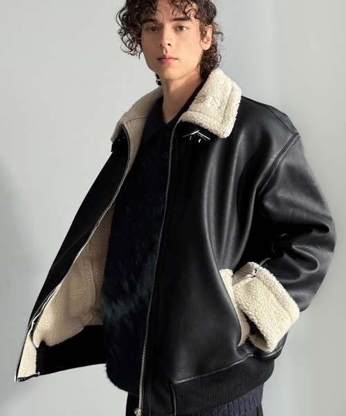 セール】2way襟ボア切り替えフェイクレザームートンジャケット／2way