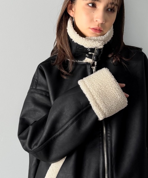 ナ♡GIENGE フェイクファー付き レザー ジャケット ボア襟 ムートン anyonemore ブルゾン アウター ビンテージフェイクレザーボア襟付き