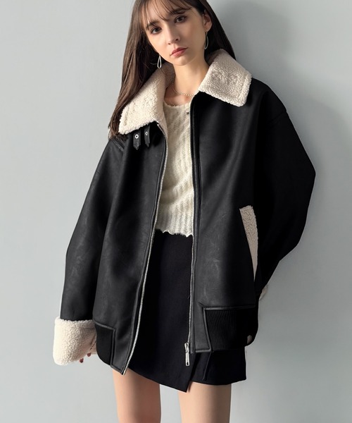 セール】2way襟ボア切り替えフェイクレザームートンジャケット／2way