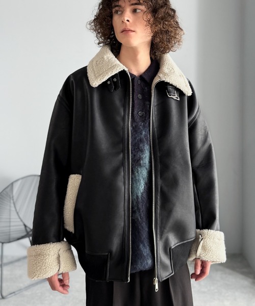 セール】2way襟ボア切り替えフェイクレザームートンジャケット／2way
