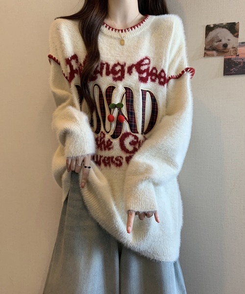 ロゴ刺繍 チェリー付き ステッチふわふわニットプルオーバー / 韓国