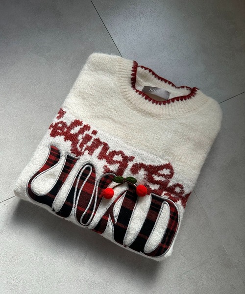 ロゴ刺繍 チェリー付き ステッチふわふわニットプルオーバー / 韓国