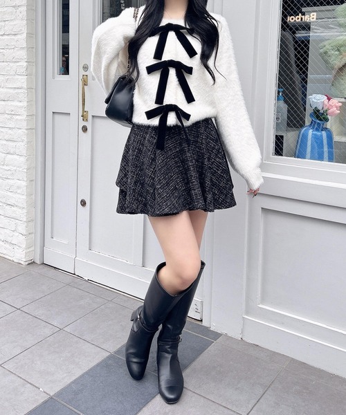 INGNI（イング）の「ベロアリボンフェザーニットカーディガン（カーディガン/ボレロ・レディース・チャコールグレー/アイボリー/ボルドー・M）」の8枚目の写真