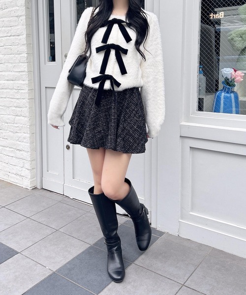 INGNI（イング）の「ベロアリボンフェザーニットカーディガン（カーディガン/ボレロ・レディース・チャコールグレー/アイボリー/ボルドー・M）」の9枚目の写真