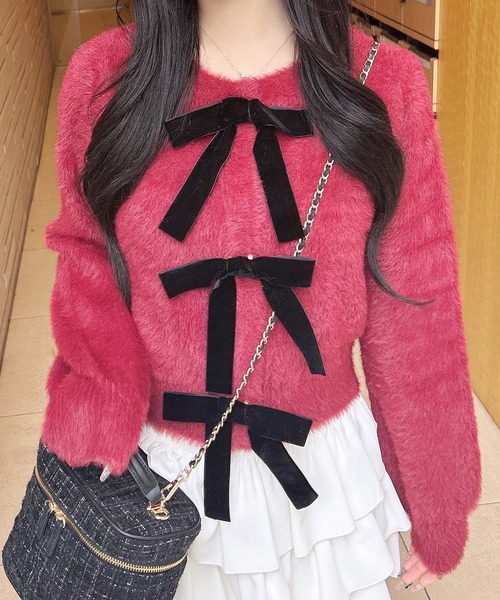 INGNI（イング）の「ベロアリボンフェザーニットカーディガン（カーディガン/ボレロ・レディース・チャコールグレー/アイボリー/ボルドー・M）」の16枚目の写真