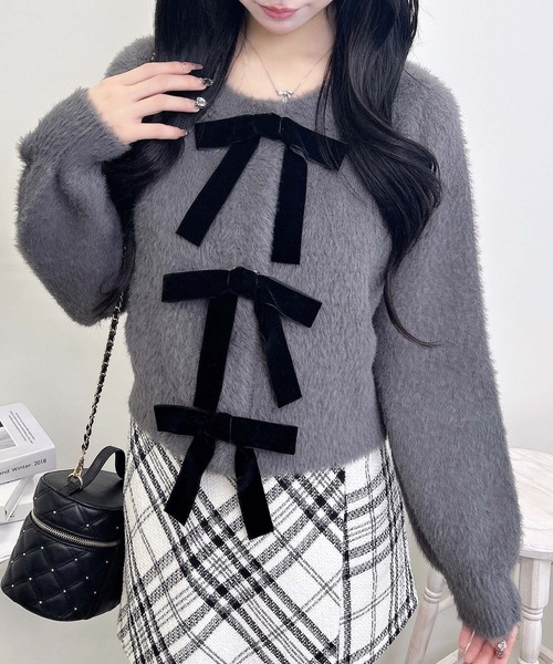 INGNI（イング）の「ベロアリボンフェザーニットカーディガン（カーディガン/ボレロ・レディース・チャコールグレー/アイボリー/ボルドー・M）」の10枚目の写真