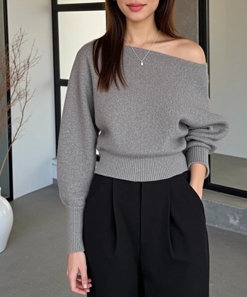 cammie(キャミー)の「袖リブオフショルダートップス(ニット/セーター・レディース・ベージュ/グレー/ブラック・F)」の2枚目の写真