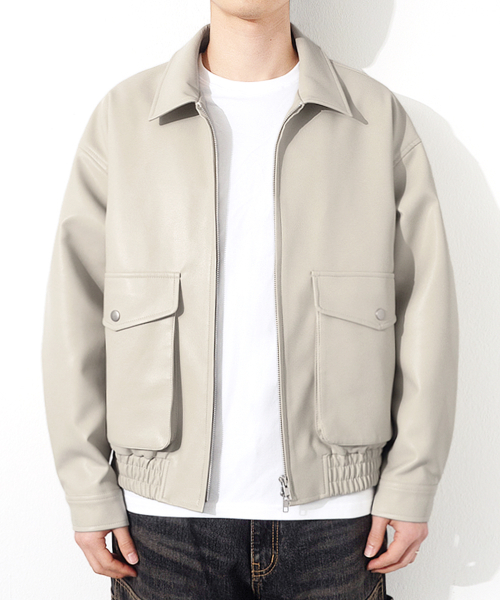セール】RG Synthetic Leather Pocket Jacket (Cream)（ライダース