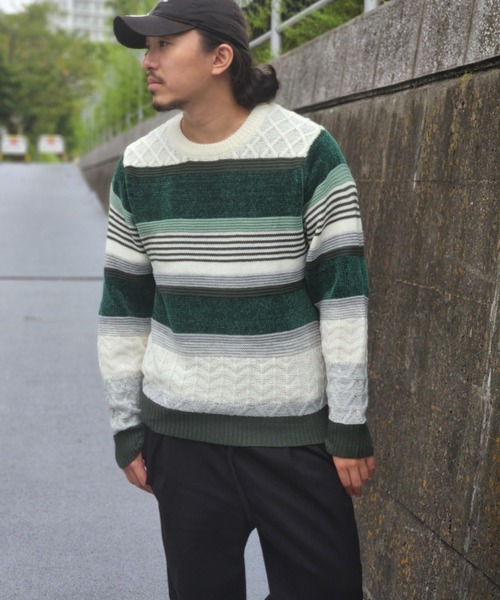 NO NEED(ノーニード)の「モールミックスボーダーニット(ニット/セーター・メンズ・グリーン/ベージュ・M)」の10枚目の写真