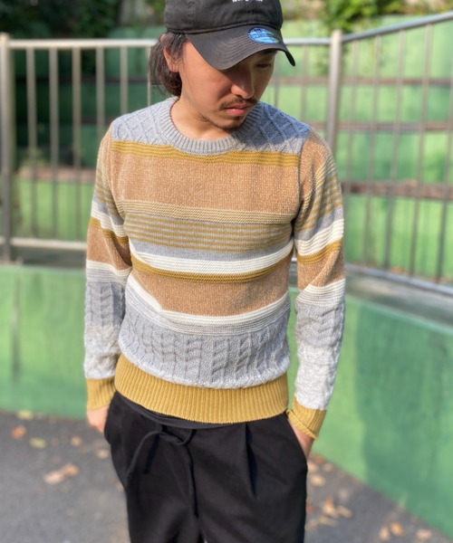 NO NEED(ノーニード)の「モールミックスボーダーニット(ニット/セーター・メンズ・グリーン/ベージュ・M)」の16枚目の写真