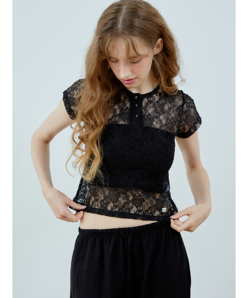 HHIPS(ダブルヒップス)の「Lace short-sleeved T-shirt (Black)(Tシャツ/カットソー・レディース・その他・FREE)」の1枚目の写真
