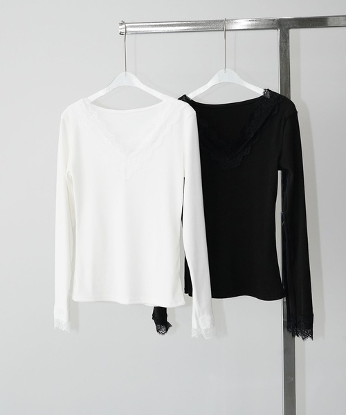 chuclla（チュクラ）の「レーストリム Vネックトップス chw26s034（Tシャツ/カットソー・レディース・ブラック/ホワイト・FREE）」の19枚目の写真