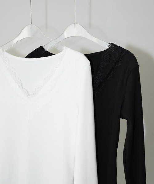 chuclla（チュクラ）の「レーストリム Vネックトップス chw26s034（Tシャツ/カットソー・レディース・ブラック/ホワイト・FREE）」の21枚目の写真