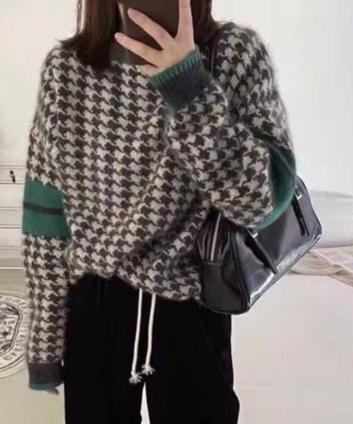 gossip!ロサンゼルス(ゴシップロサンゼルス)の「レトロチェック柄バイカラー配色オーバーサイズカジュアルニットプルオーバー(ニット/セーター・レディース・ブラウン/ライトブラウン/ブラック・FREE)」の6枚目の写真