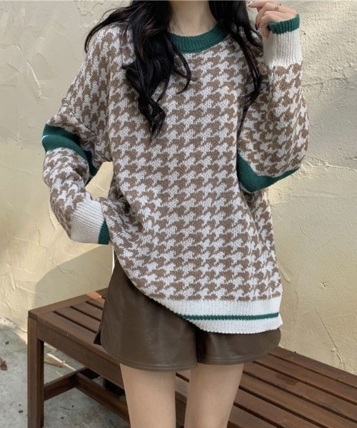 gossip!ロサンゼルス(ゴシップロサンゼルス)の「レトロチェック柄バイカラー配色オーバーサイズカジュアルニットプルオーバー(ニット/セーター・レディース・ブラウン/ライトブラウン/ブラック・FREE)」の11枚目の写真