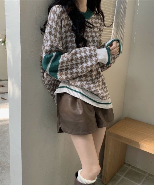 gossip!ロサンゼルス(ゴシップロサンゼルス)の「レトロチェック柄バイカラー配色オーバーサイズカジュアルニットプルオーバー(ニット/セーター・レディース・ブラウン/ライトブラウン/ブラック・FREE)」の12枚目の写真