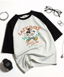 2026SS Disney/ディズニー ミッキー フロント/バックプリント ラグラン5分袖Tシャツ